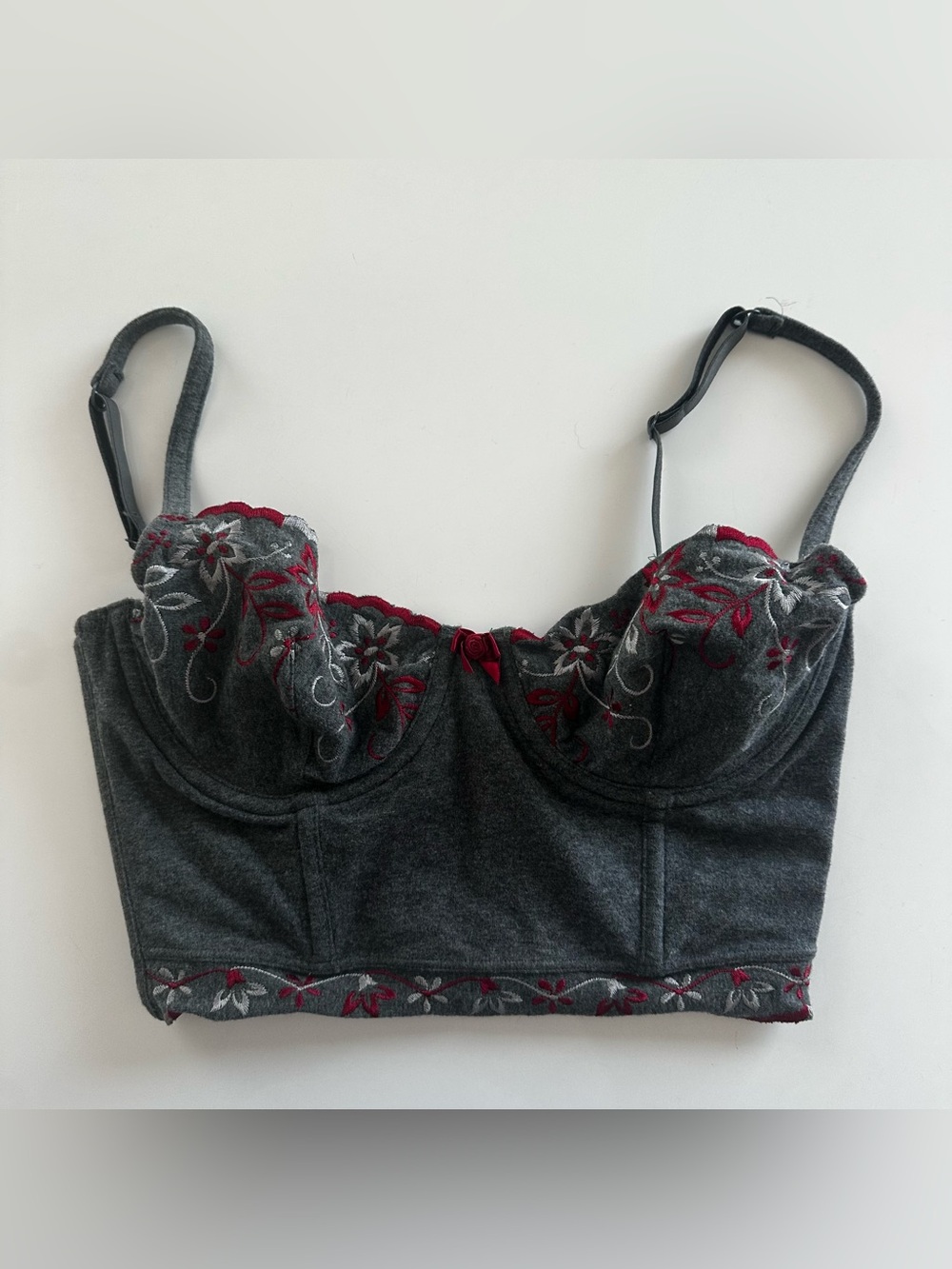 Victoria's Secret Charcoal Gray Longline Bustier Bra with Red Floral Embroidery